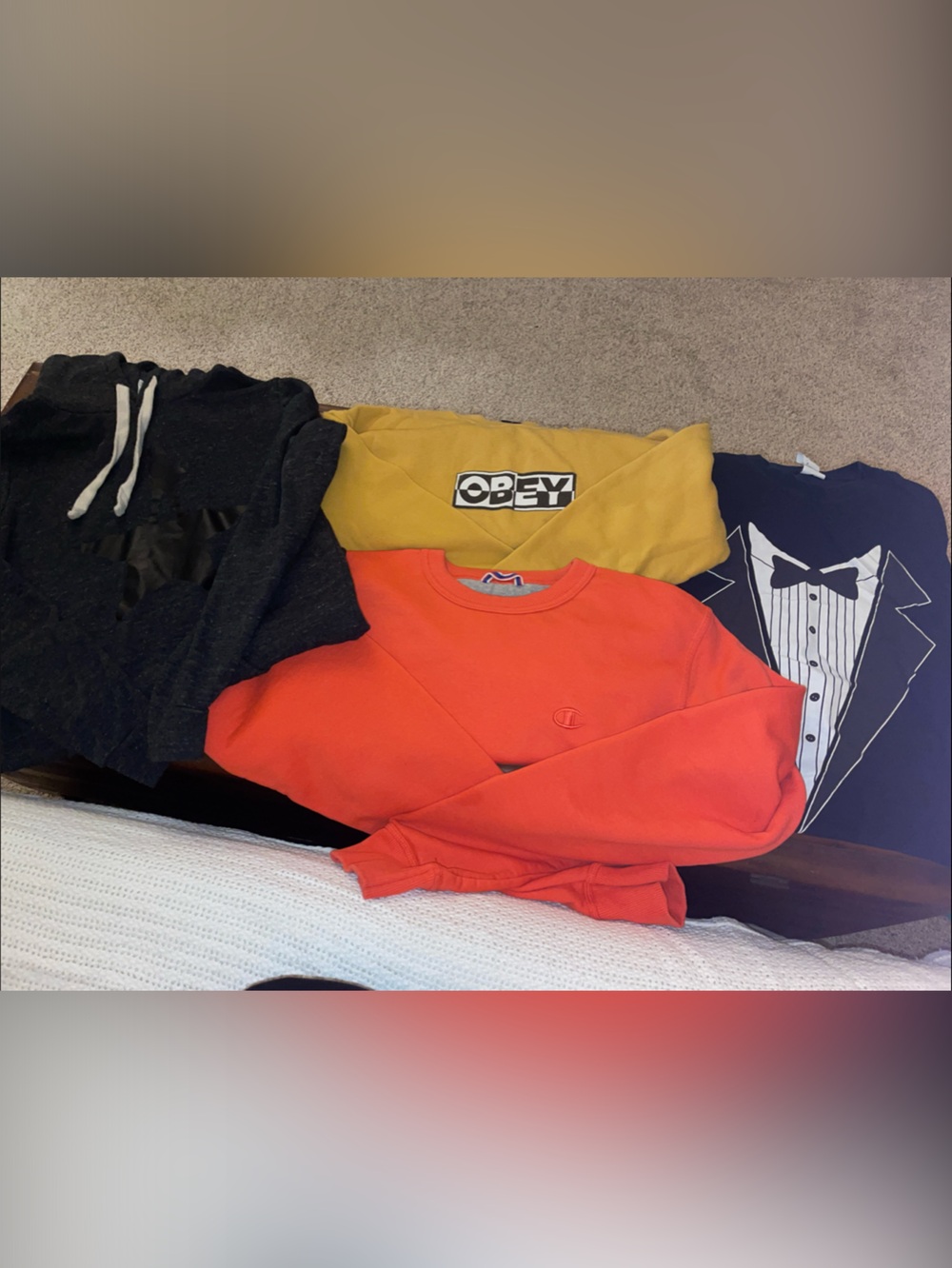 Champion Orange Crewneck Sweatshirt, 2 other sweatshirts, tux tee